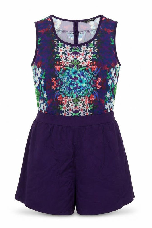 Front view of Miss Selfridge women’s purple floral polyester playsuit one-piece, size UK 10, 3-inch leg button