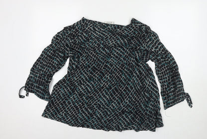 Back view of Masai women’s black geometric viscose basic blouse, size M, round neck