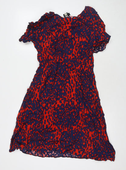 Additional front view of ASOS women’s red geometric viscose a-line, size UK 16, round neck zip