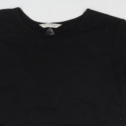 Close-up detail of Miss Selfridge women’s black polyester basic t-shirt, size UK 10, round neck