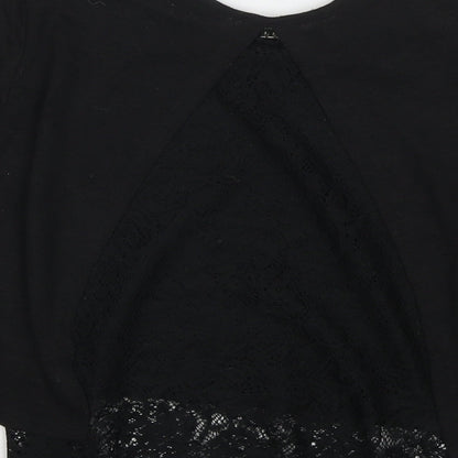 Brand and care label for Miss Selfridge women’s black polyester basic t-shirt, size UK 10, round neck