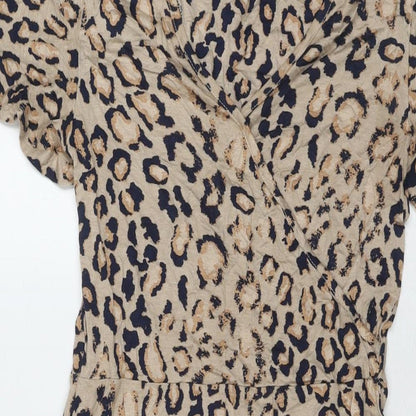 Close-up detail of Principles women’s brown animal print viscose a-line, size UK 8, round neck pullover