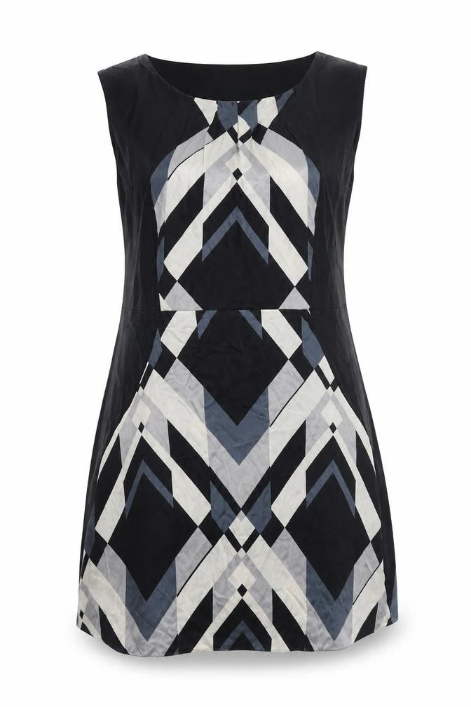 Monsoon Womens Black Geometric Polyester A-Line Size 14 Round Neck Zip
