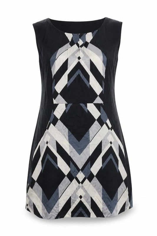 Monsoon Womens Black Geometric Polyester A-Line Size 14 Round Neck Zip