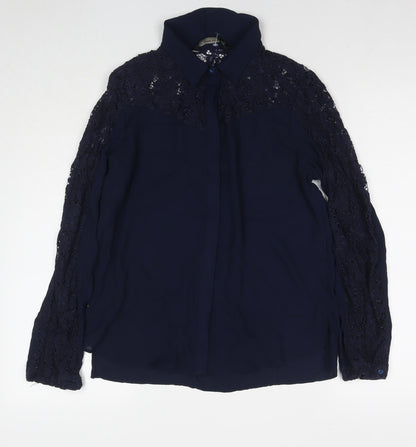 Zara Womens Blue Polyester Basic Button-Up Size M Collared - Lace Detail