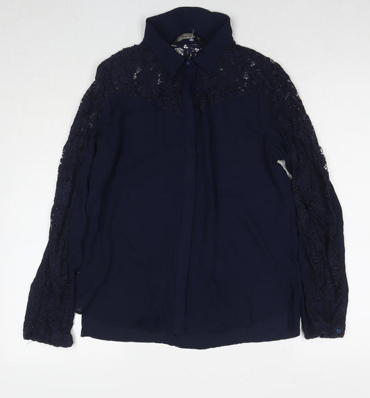 Zara Womens Blue Polyester Basic Button-Up Size M Collared - Lace Detail