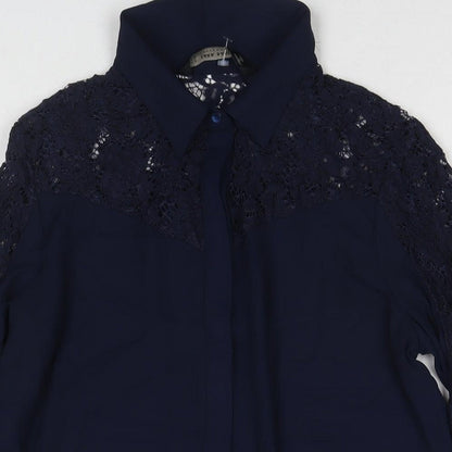 Zara Womens Blue Polyester Basic Button-Up Size M Collared - Lace Detail