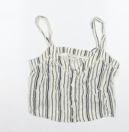 Additional front view of Miss Selfridge women’s white striped viscose basic tank, size UK 8, v-neck