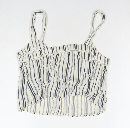 Back view of Miss Selfridge women’s white striped viscose basic tank, size UK 8, v-neck