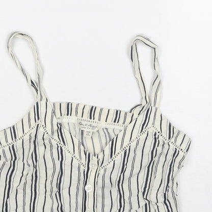 Close-up detail of Miss Selfridge women’s white striped viscose basic tank, size UK 8, v-neck