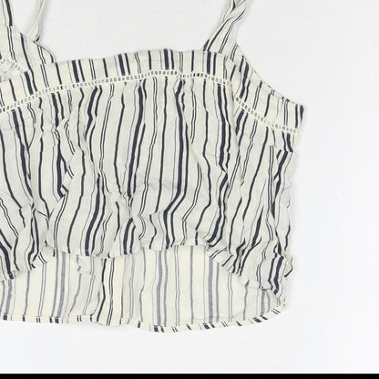 Brand and care label for Miss Selfridge women’s white striped viscose basic tank, size UK 8, v-neck
