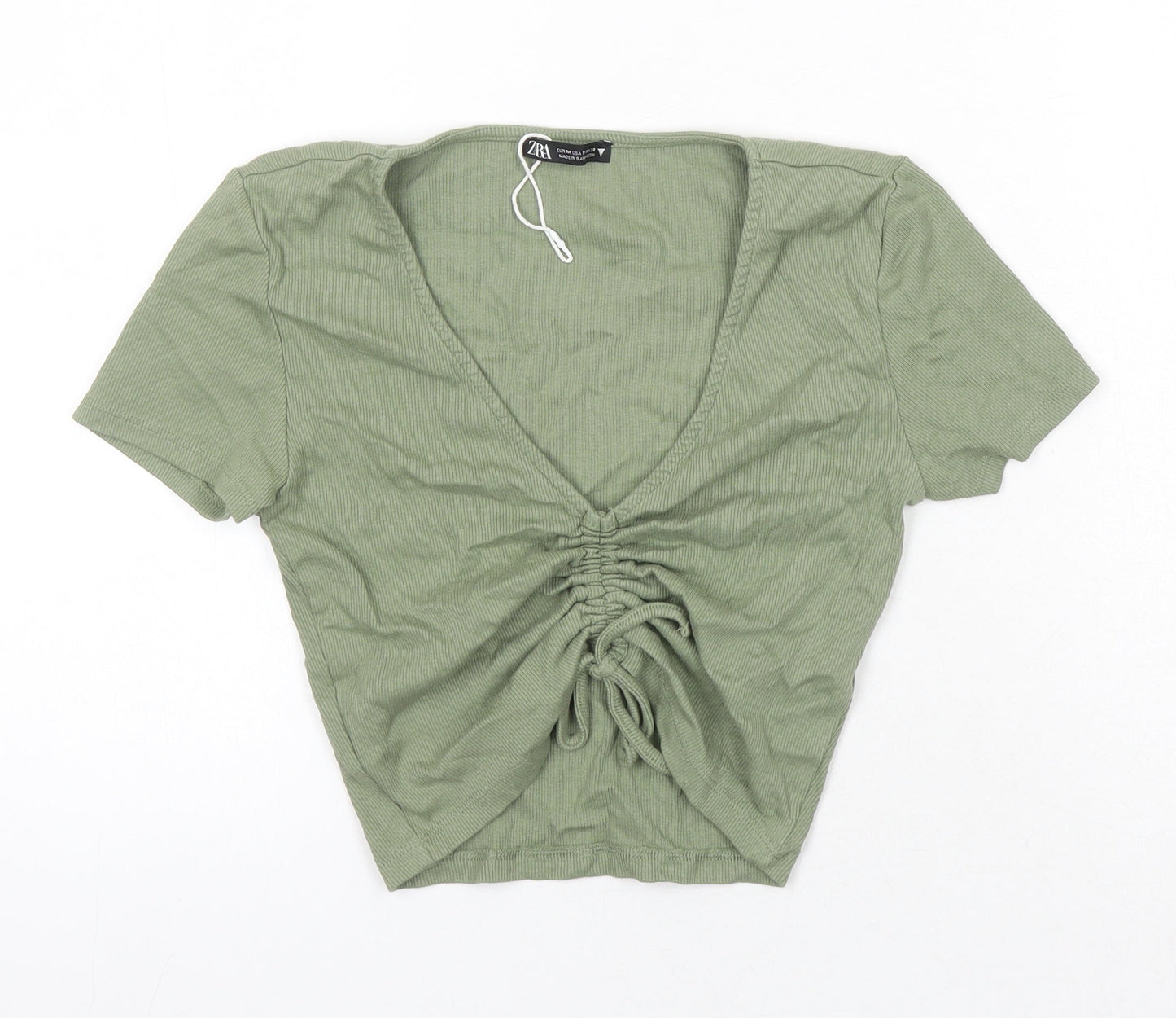 Zara Womens Green Herringbone Cotton Cropped T-Shirt Size M V-Neck