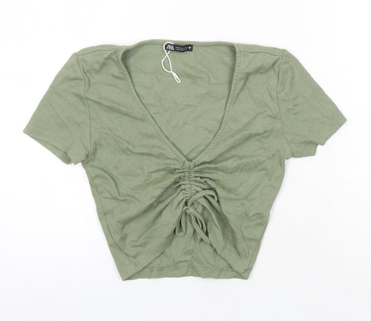 Zara Womens Green Herringbone Cotton Cropped T-Shirt Size M V-Neck