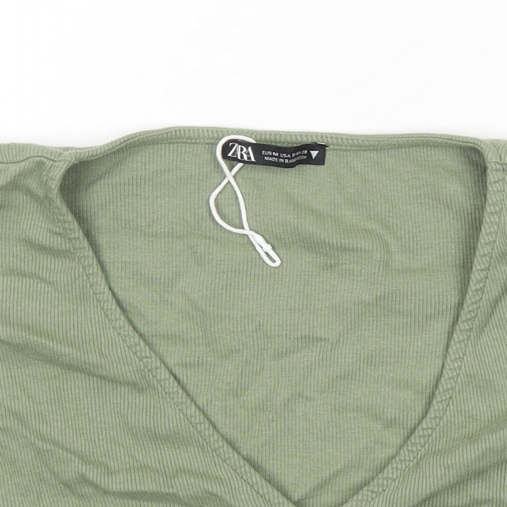 Zara Womens Green Herringbone Cotton Cropped T-Shirt Size M V-Neck