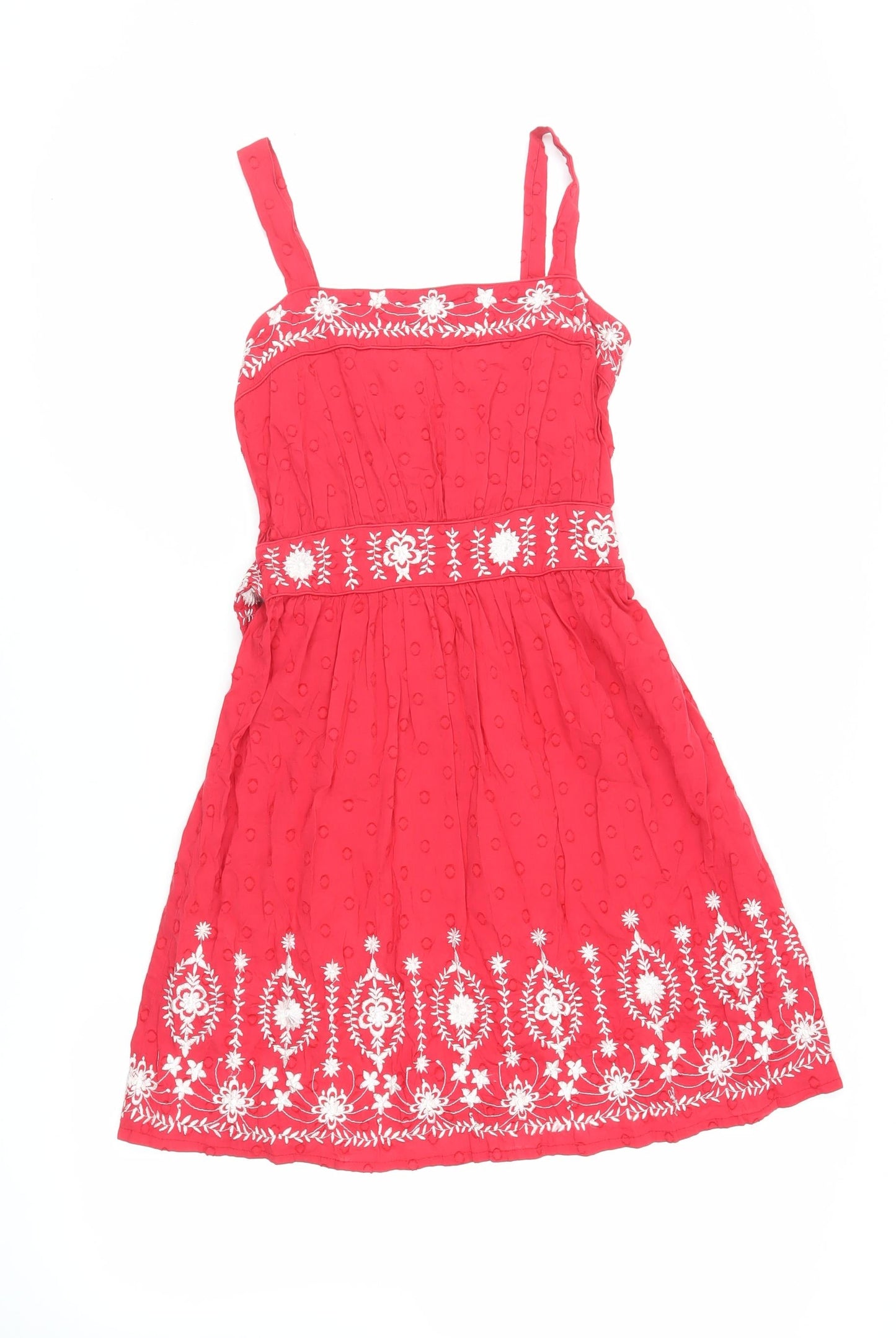New Look Womens Red Floral Cotton Tank Dress Size 6 Square Neck - Embroidered