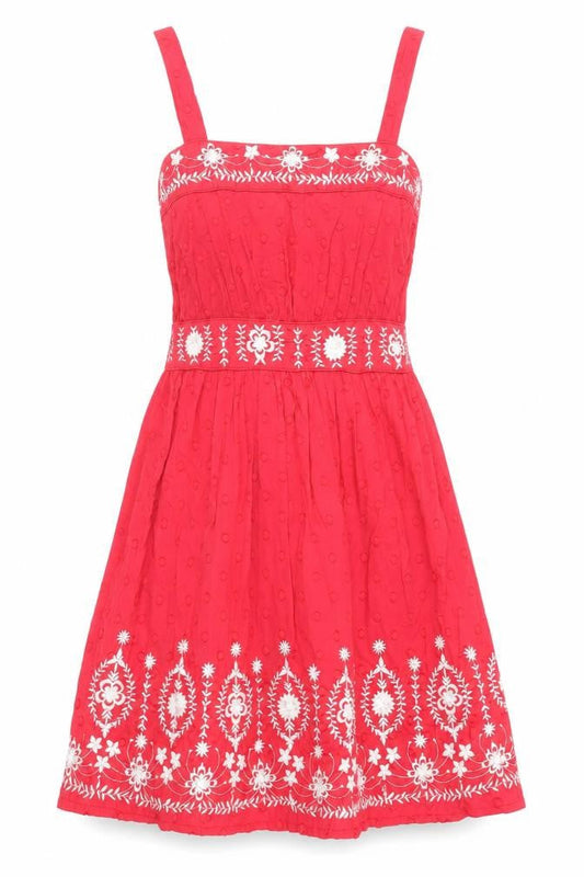 New Look Womens Red Floral Cotton Tank Dress Size 6 Square Neck - Embroidered