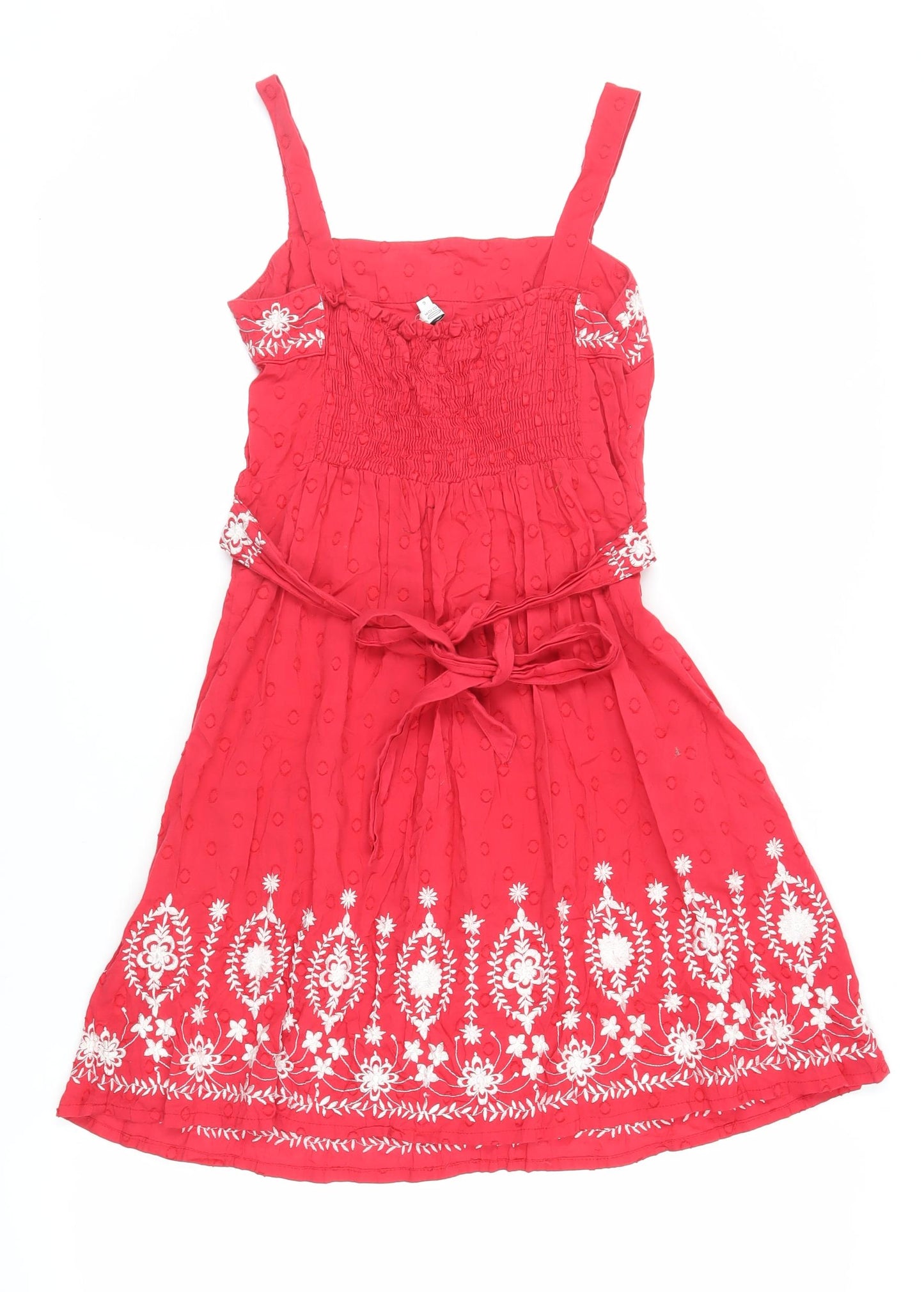 New Look Womens Red Floral Cotton Tank Dress Size 6 Square Neck - Embroidered