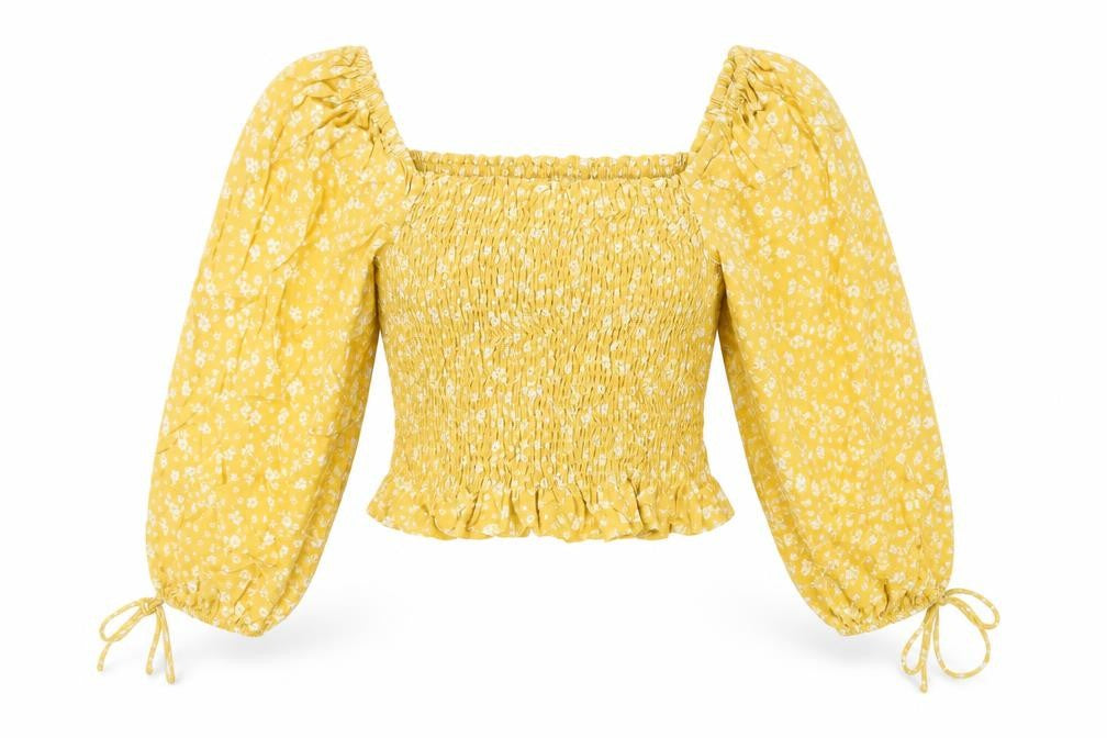 New Look Womens Yellow Floral Viscose Cropped Blouse Size 10 Off the Shoulder - Shirred