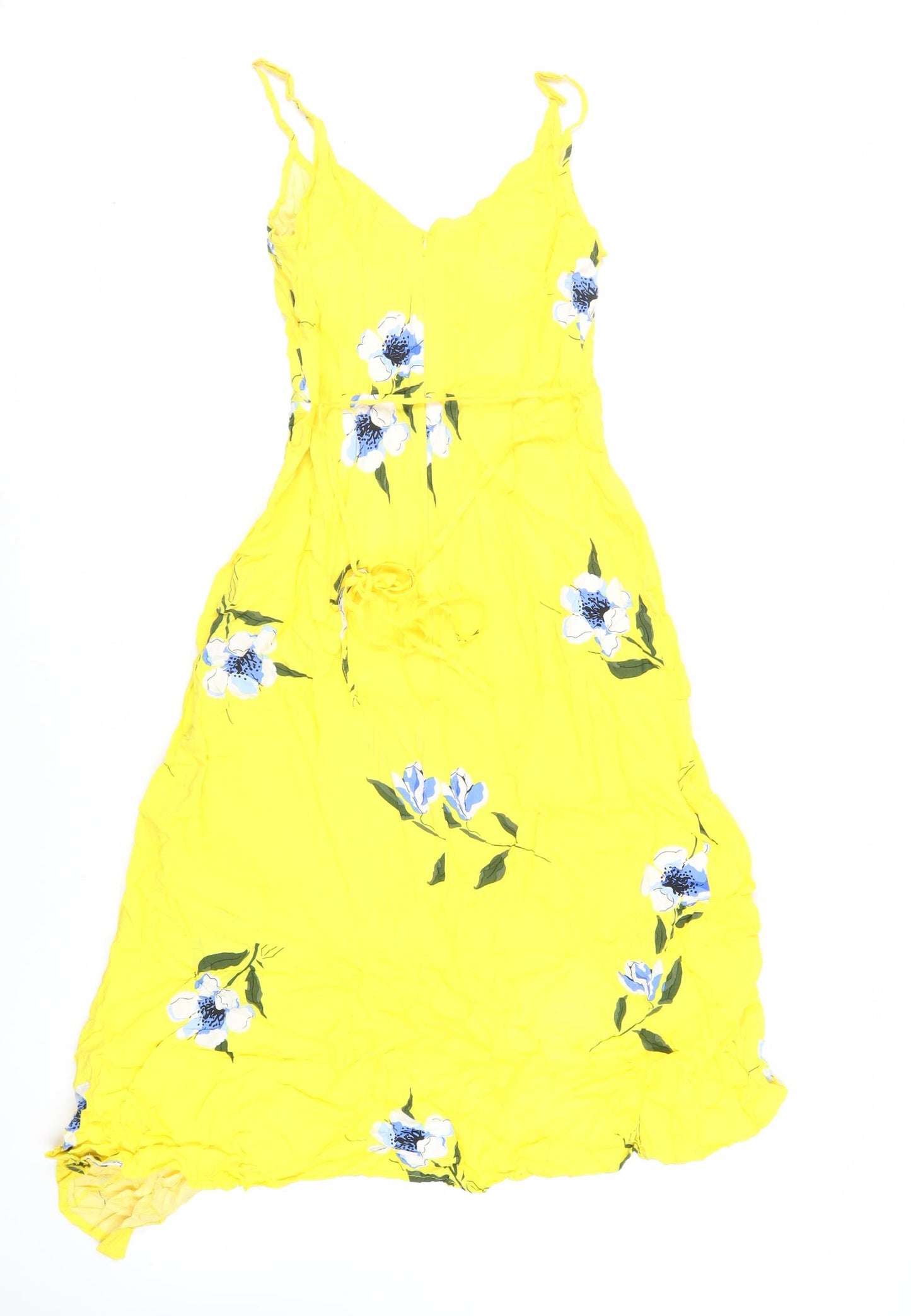 Warehouse Womens Yellow Floral Viscose Slip Dress Size 10 V-Neck Zip