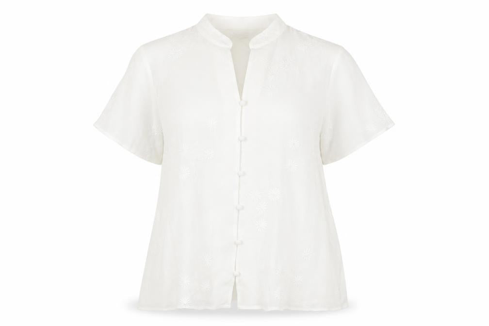 EWM Womens White Polyester Basic Button-Up Size 14 Collared - Embroidered
