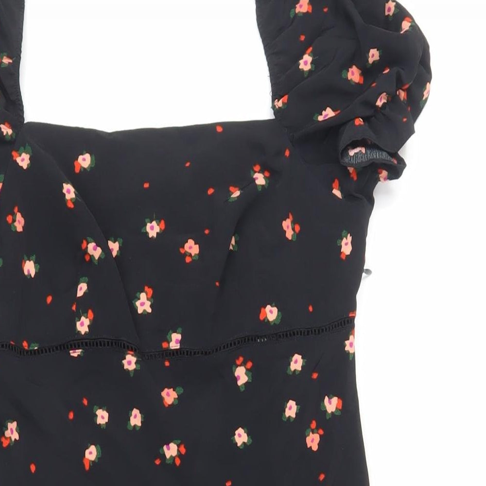 Topshop Womens Black Floral Polyester Mini Size 8 Square Neck Zip