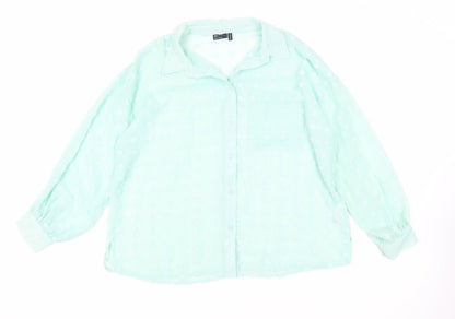 Additional front view of ASOS women’s green polyester basic button-up, size UK 16, collared - oversized sheer textured