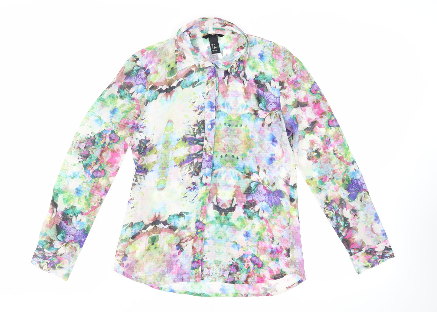 H&M Womens Multicoloured Floral Polyester Basic Button-Up Size 6 Collared - Sheer