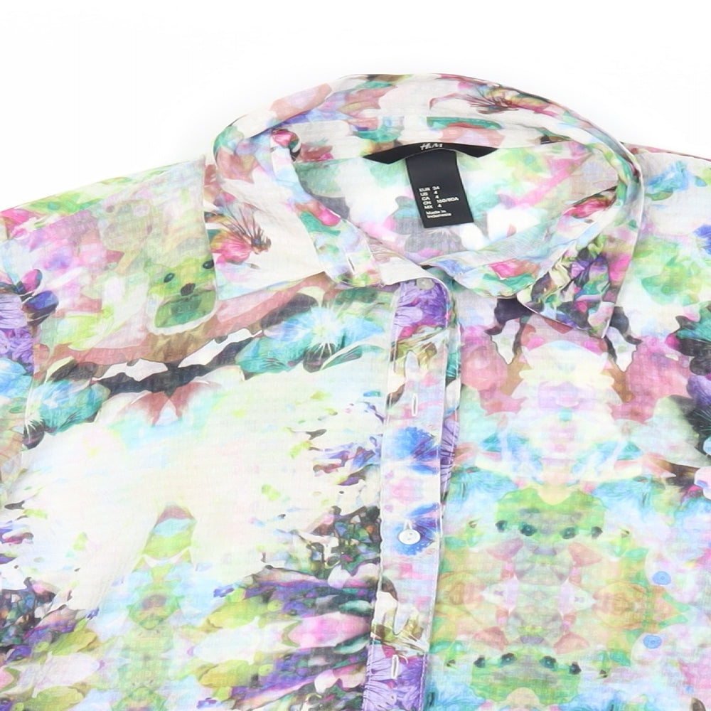 H&M Womens Multicoloured Floral Polyester Basic Button-Up Size 6 Collared - Sheer