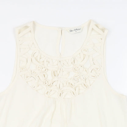 Close-up detail of Miss Selfridge women’s ivory polyester basic blouse, size UK 10, round neck - neckline detail