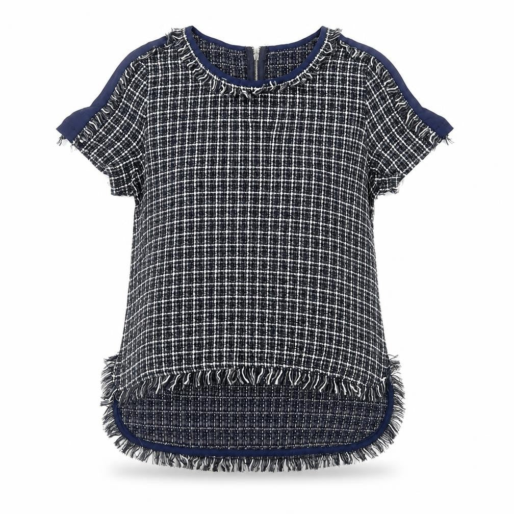 Kilibbi Womens Blue Plaid Polyester Basic Blouse Size M Round Neck - Fringe Detail