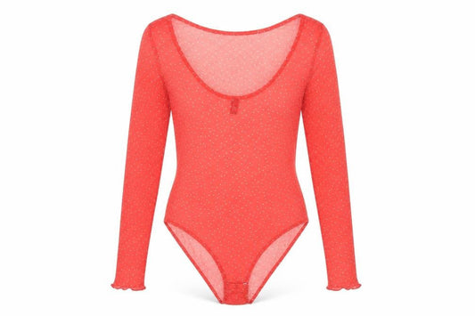 Front view of Nobody's Child women’s red polka dot polyester bodysuit one-piece, size UK 12, snap - sheer