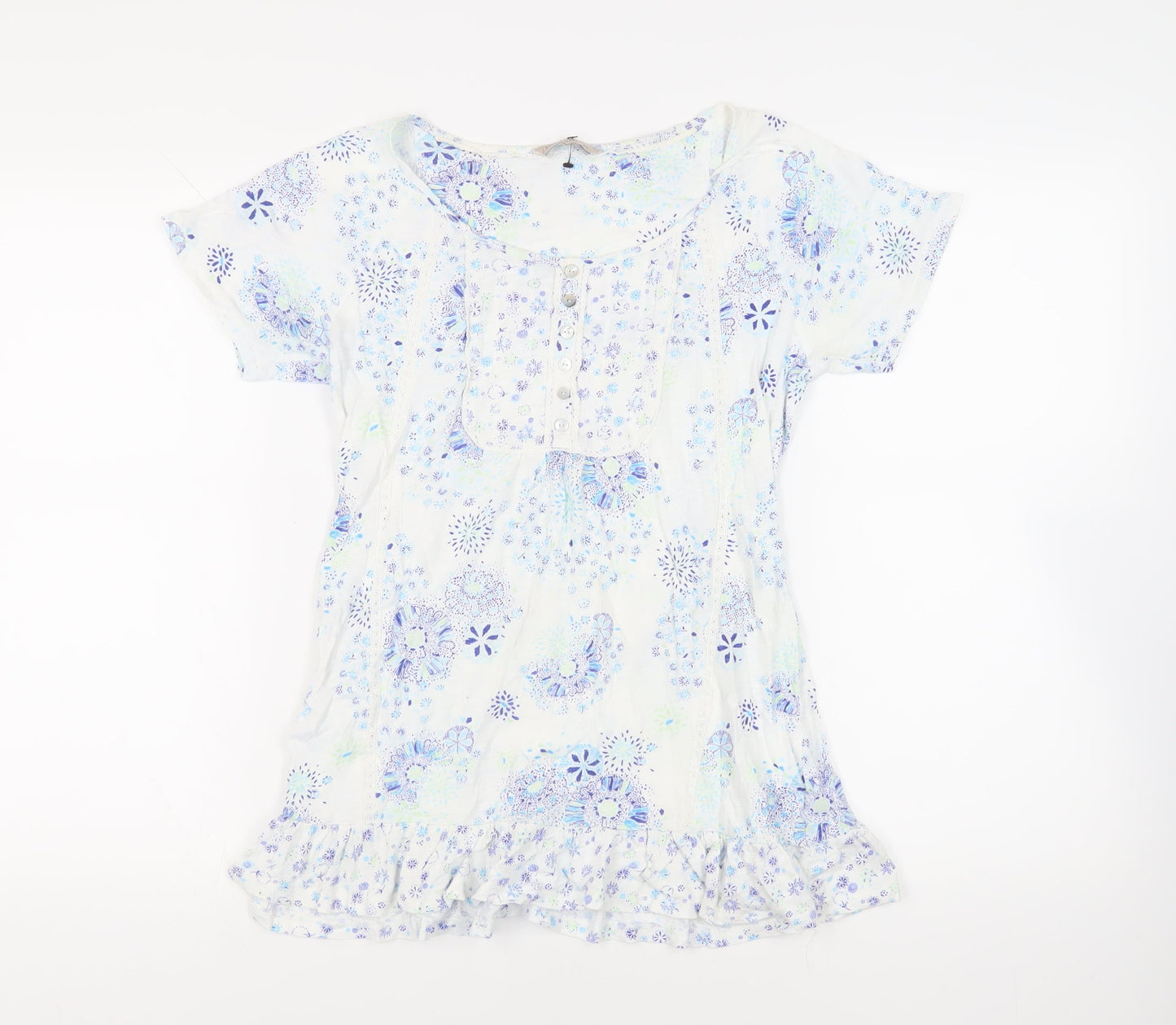 Marks and Spencer Womens Blue Floral Cotton Basic T-Shirt Size 8 Boat Neck - Ruffle