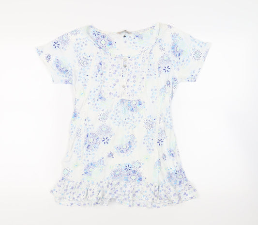Marks and Spencer Womens Blue Floral Cotton Basic T-Shirt Size 8 Boat Neck - Ruffle