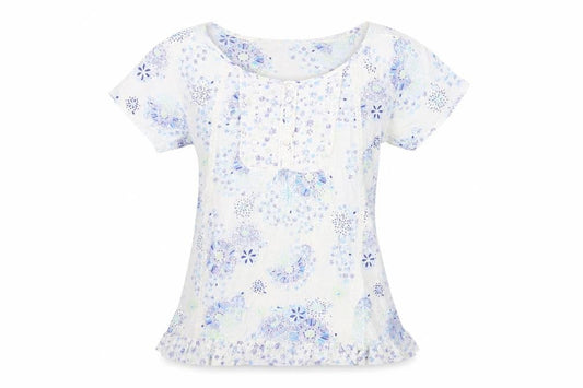 Marks and Spencer Womens Blue Floral Cotton Basic T-Shirt Size 8 Boat Neck - Ruffle