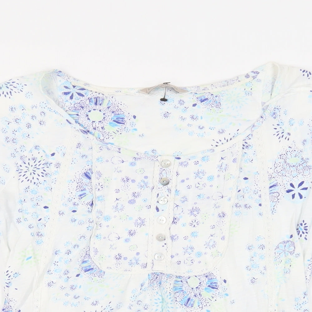 Marks and Spencer Womens Blue Floral Cotton Basic T-Shirt Size 8 Boat Neck - Ruffle
