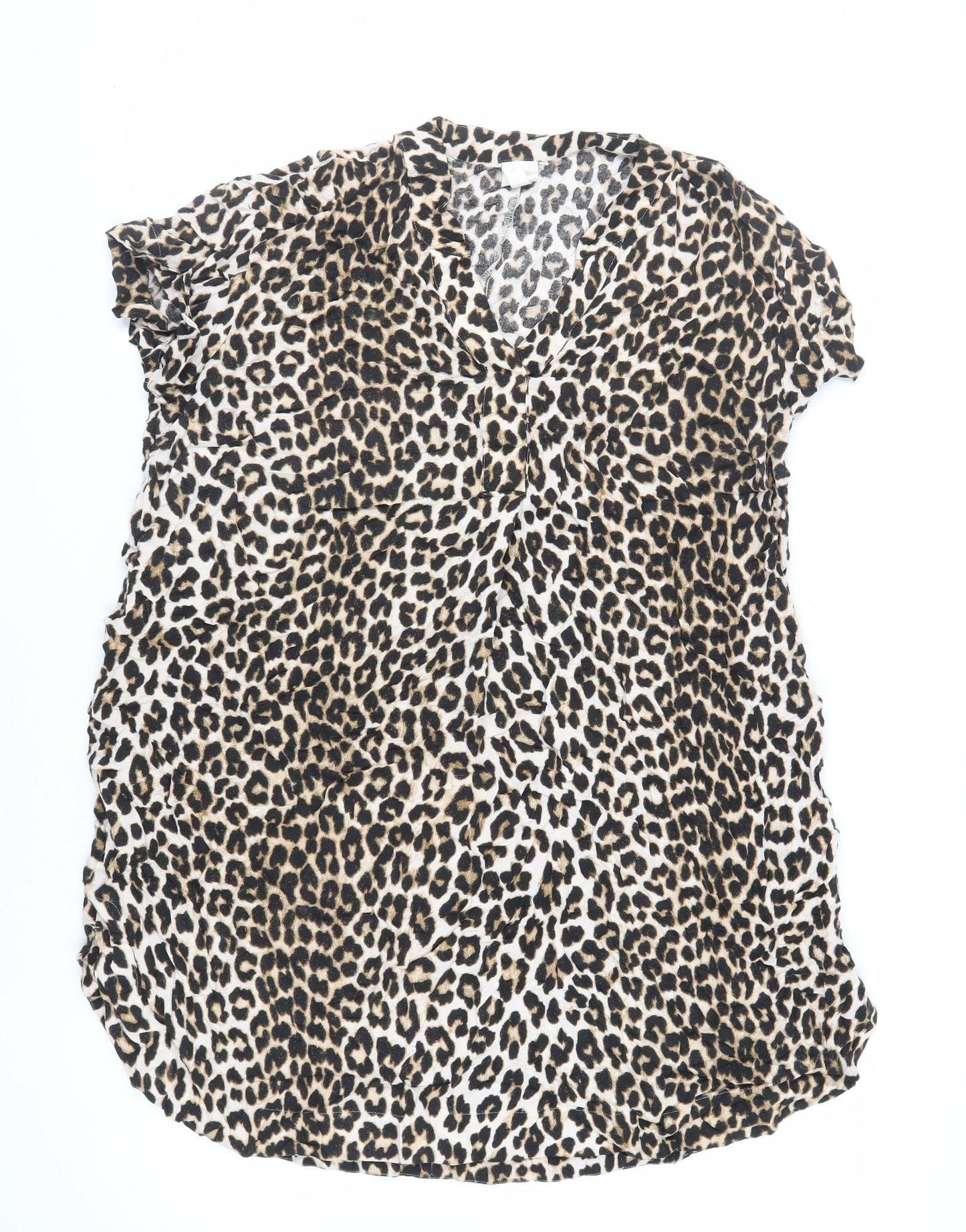H&M Womens Brown Animal Print Viscose T-Shirt Dress Size M V-Neck Pullover