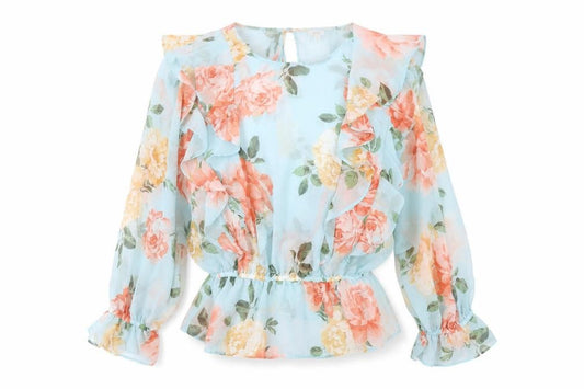 River Island Womens Blue Floral Polyester Basic Blouse Size 12 Round Neck - Sheer