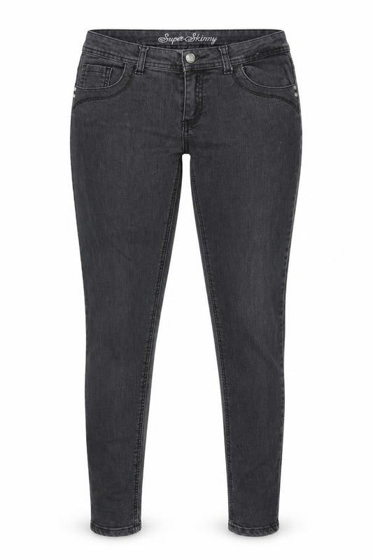Front view of Denim & Co. women’s black cotton skinny jeans, size UK 12, 32-inch leg regular zip