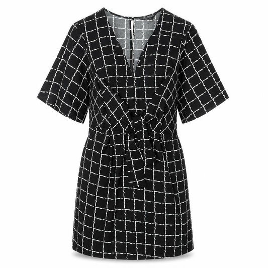 Front view of Miss Selfridge women’s black geometric polyester a-line, size UK 12, round neck button - tie detail