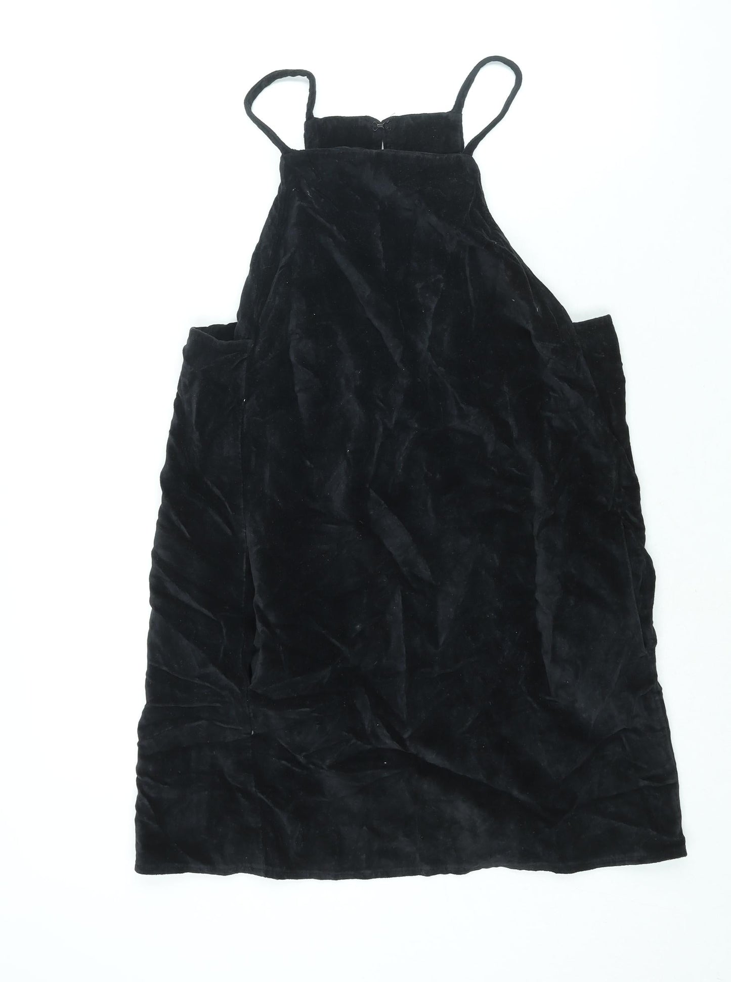 Topshop Womens Black Cotton Pinafore/Dungaree Dress Size 12 Square Neck Hook & Eye