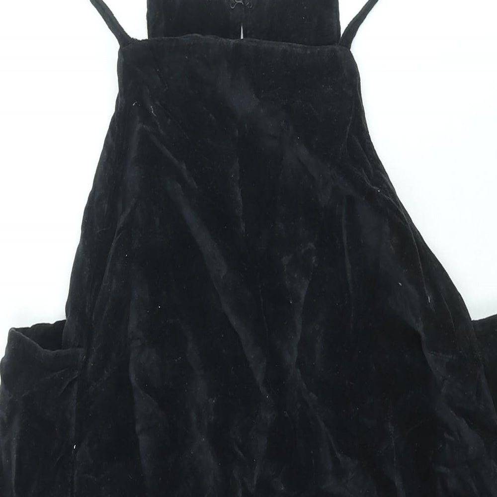 Topshop Womens Black Cotton Pinafore/Dungaree Dress Size 12 Square Neck Hook & Eye
