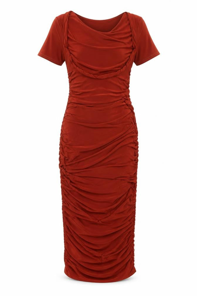 Club London Womens Brown Polyester Bodycon Size 8 Scoop Neck Pullover - Rouched