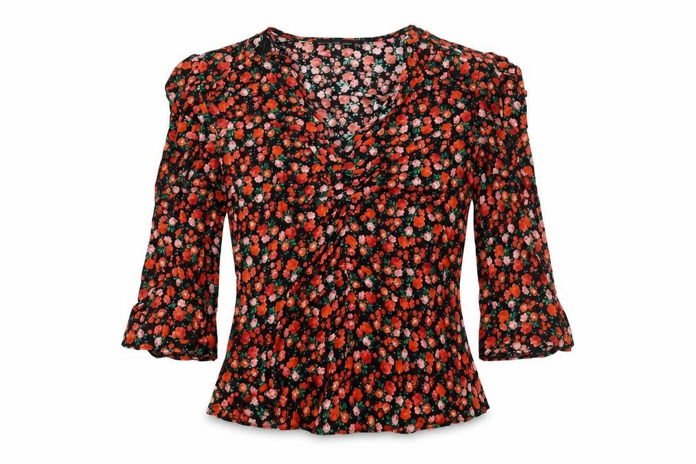 Dorothy Perkins Womens Red Floral Viscose Basic Blouse Size 10 V-Neck - Rouched Belted