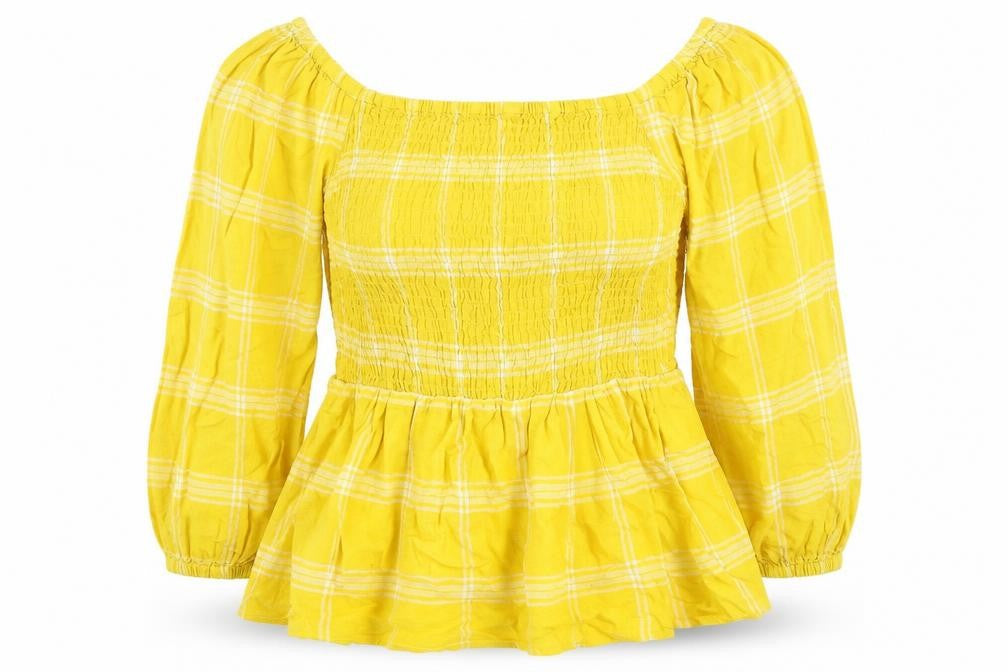 Marks & Spencer Womens Yellow Check Linen Basic Blouse Size 14 Square Neck - Rouched