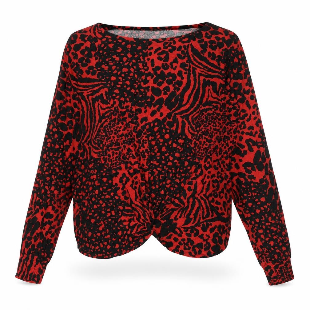 New Look Womens Red Animal Print Viscose Basic Blouse Size 14 Round Neck - Twist Detail