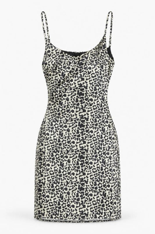 Front view of Missguided women’s black animal print polyester mini, size UK 4, scoop neck zip