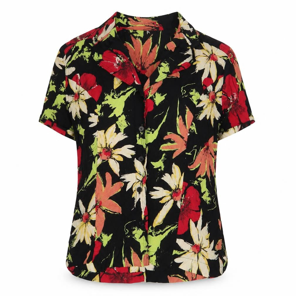 Adini Womens Black Floral Cotton Basic Button-Up Size S Collared