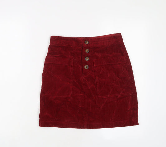 F&F Womens Red Cotton A-Line Skirt Size 6 Button