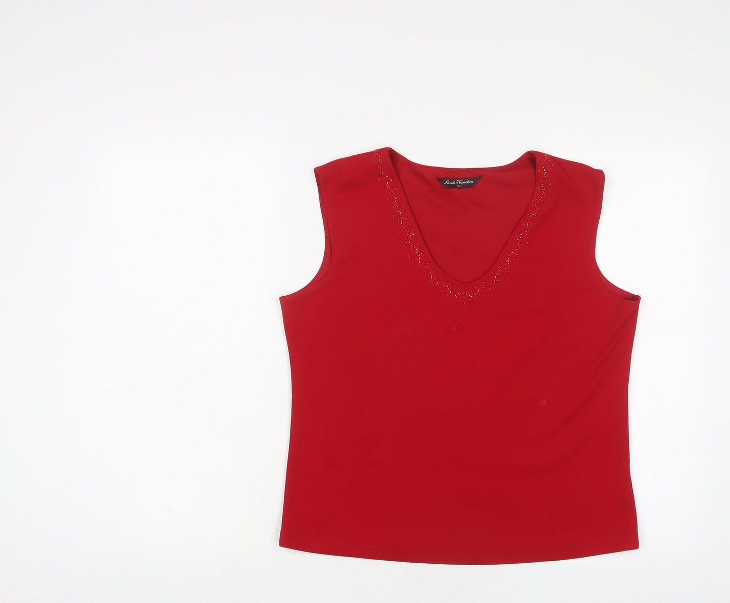 Sarah Hamilton Womens Red Polyester Basic Tank Size 16 V-Neck - Beaded