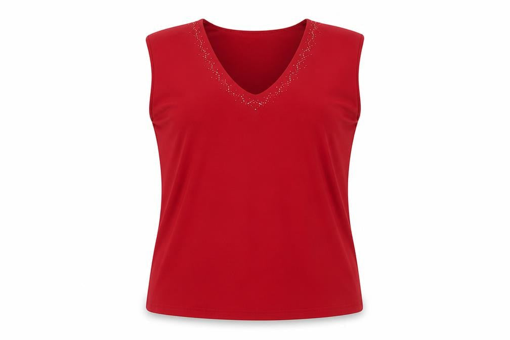 Sarah Hamilton Womens Red Polyester Basic Tank Size 16 V-Neck - Beaded